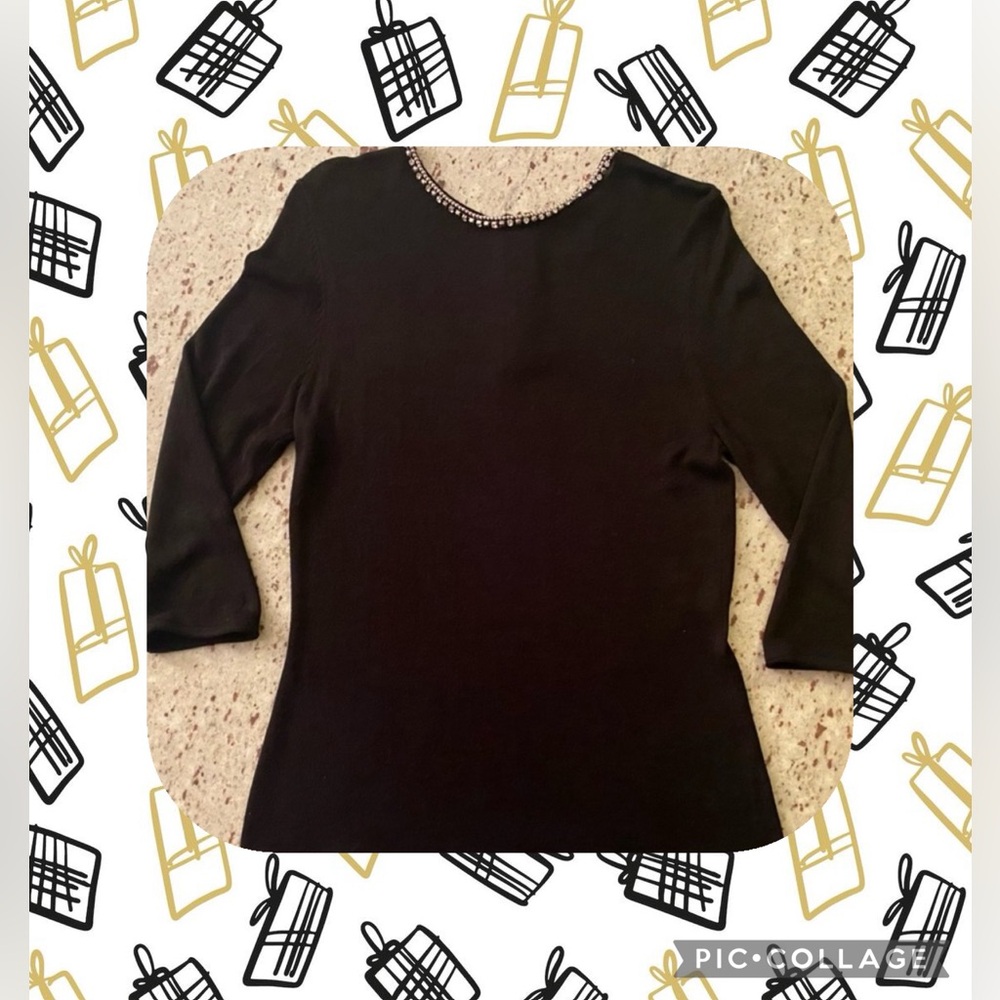 Rhinestone Trimmed Black Knit Top, 3/4 Sleeves, 1/4 back zip, Sz M